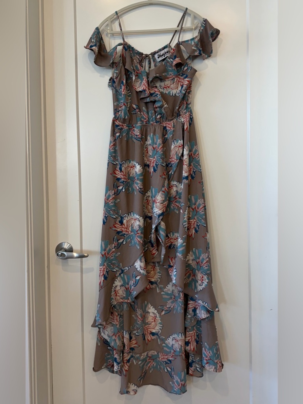 Meghan LA EUC Taupe Floral High-Low Ruffle Maxi Dress